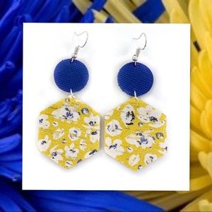 White Poppies On Mustard & Navy Leather Earrings